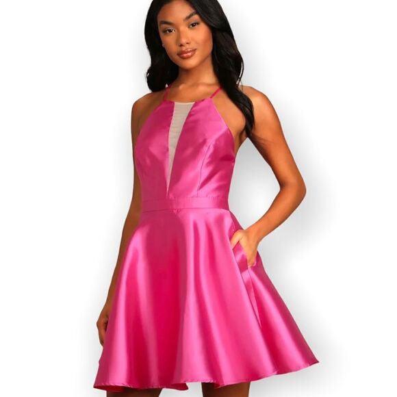 NWT Hot Pink Satin Plunge Skater Dress With Pockets - Picture 1 of 6